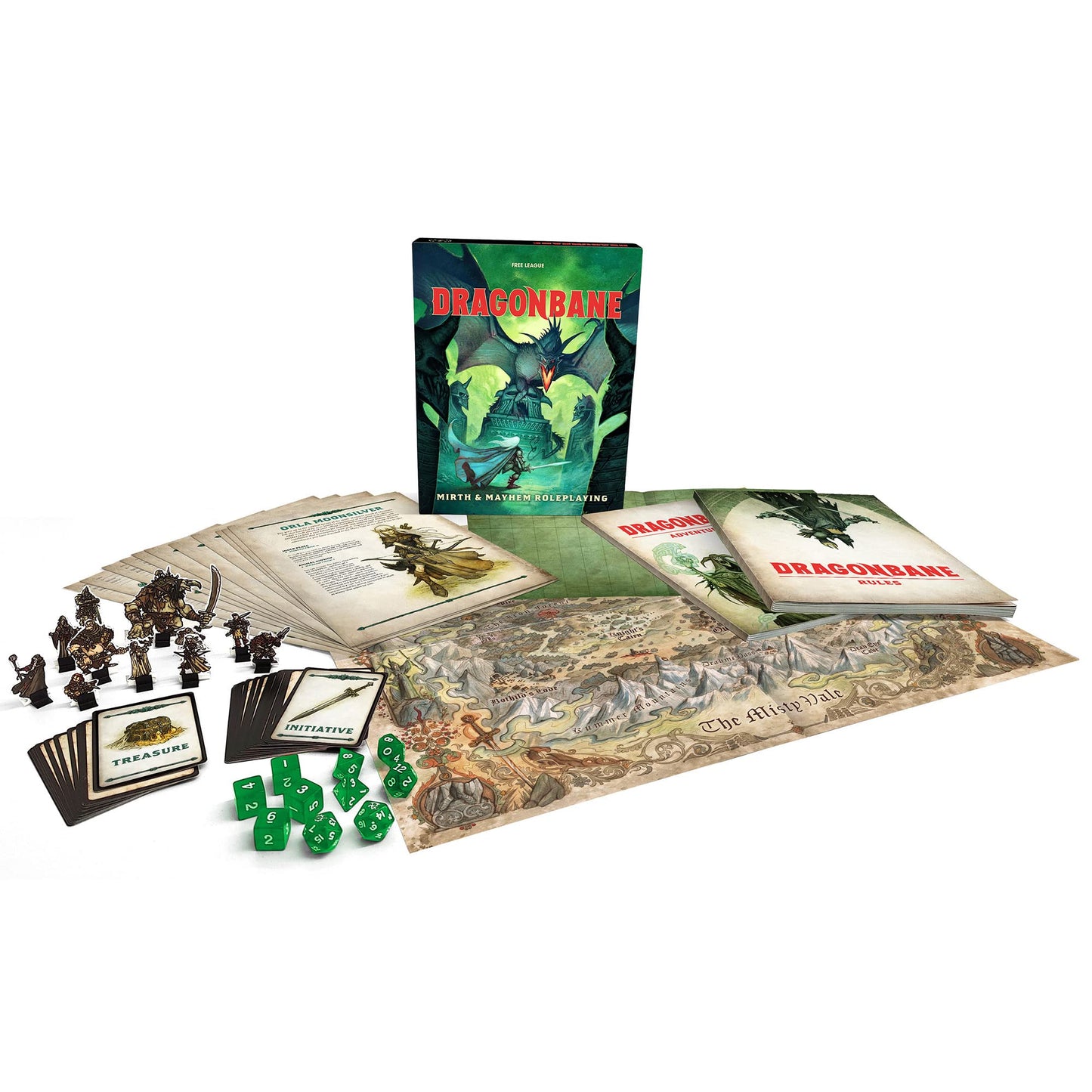 Free League Dragonbane RPG Core Set - Includes Dice, Rulebook, Adventures, Map - Medium Size - Green, Brown, Beige - Model 230017