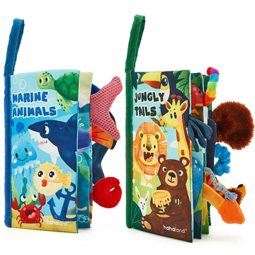 Hahaland Baby Toys 0-6 Months - Crinkle Books For Babies 2Pcs, Tails Sensory Book 6-12 Months - Soft, Tummy Time, Montessori Toys 0-12 Month - Newborn Twin Boys Gifts Infant Easter Basket Stuffers
