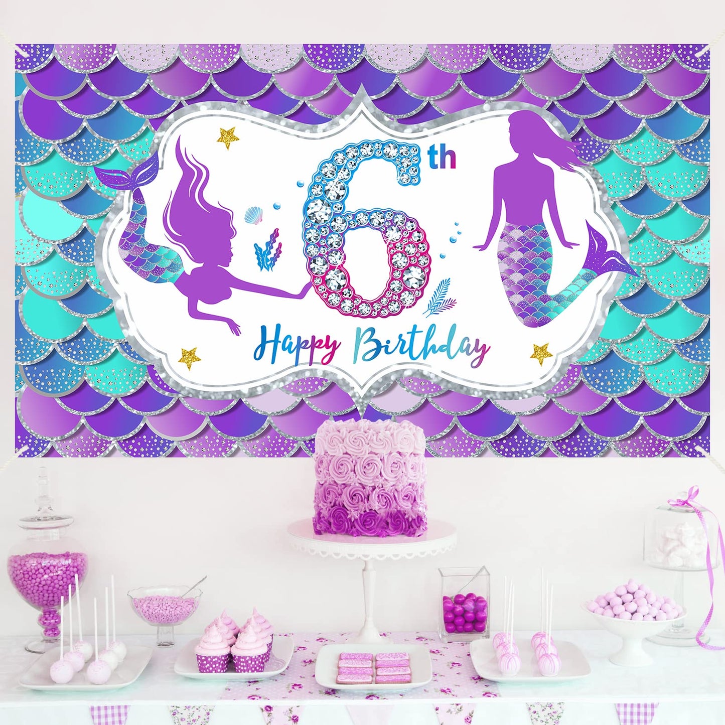 Eiurteao Mermaid 6Th Birthday Banner Decorations For Girls, Little Mermaid Themed Happy 6 Birthday Background Sign Party Supplie