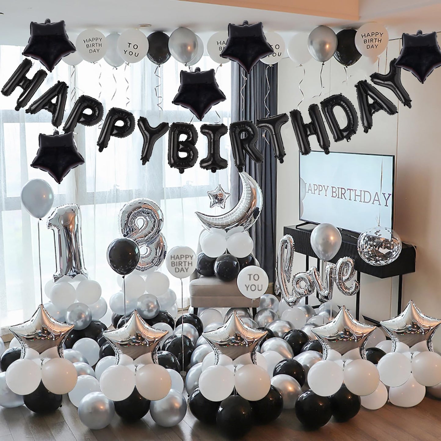 Big Black Happy Birthday Banner (3D Silvler) Mylar Foil Happy Birthday Balloons, 27Pcs Birthday Party Decorations With 10Pcs Ext