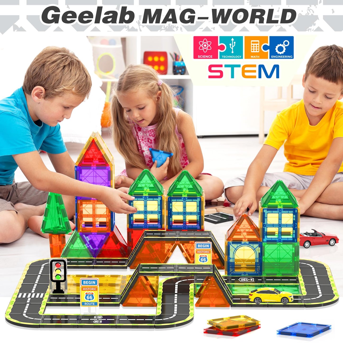 Magnetic Tiles Route 66 Road Set,Magnet Building Blocks For Kids Toys, Creative Construction Toys For Boys & Girls Ages 3-5 4-8