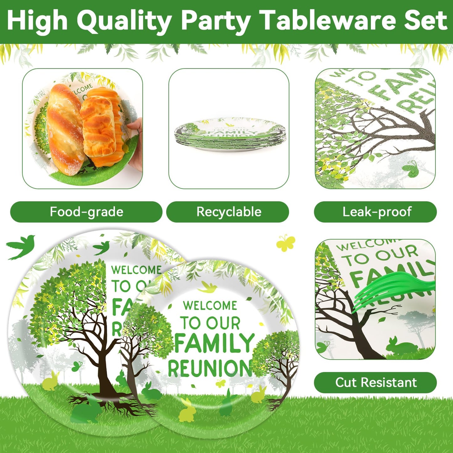100Pcs Family Reunion Party Decorations Family Tree Reunion Plates Napkins Green Tree Welcome To Our Family Reunion Tableware Se