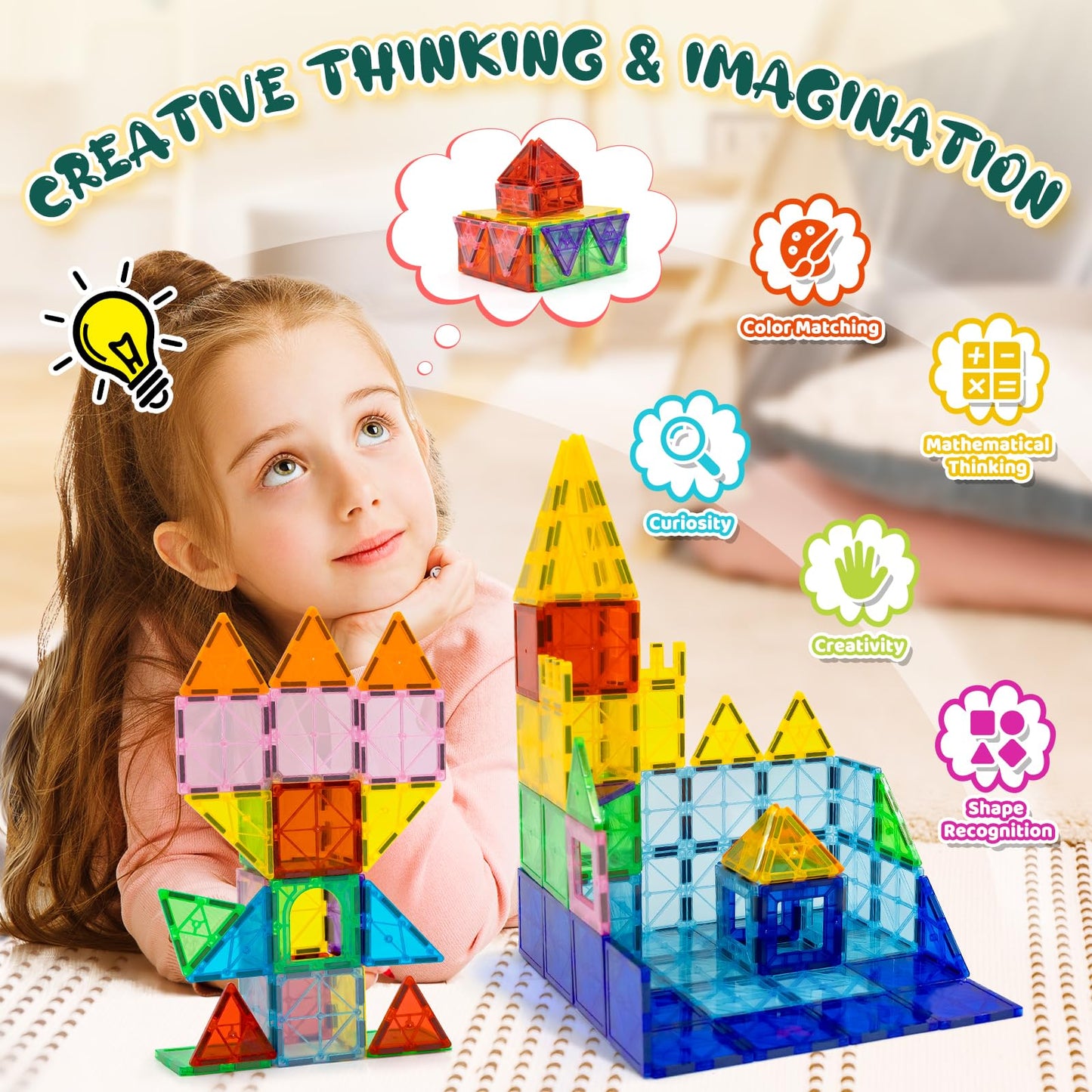 EchoPlan 130 PCS Magnetic Tiles,Magnetic Building Blocks with 2 Cars,Magnet Tiles 3D Clear Construction STEM Preschool Sensory E