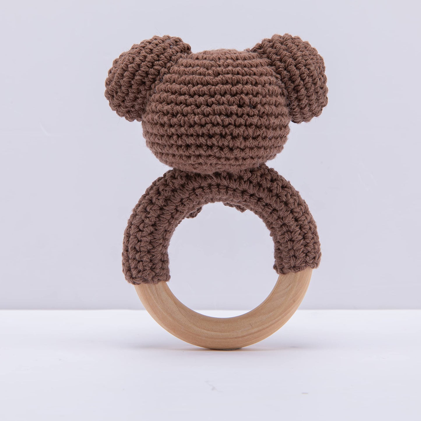 Wooden Teether Crochet Baby Rattle, Crochet Baby Toys, Organic Wooden Newborn Toys, Newborn Animal Rattle Toys,Knitted Stuffed Animals Gifts For Baby, Brown Bear