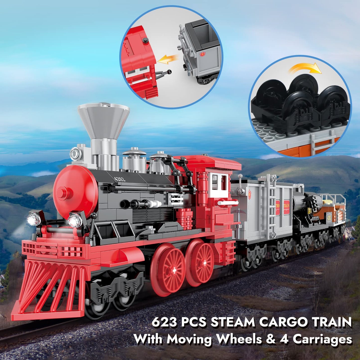 Brick Story City Freight Train Building Set, Retro Cargo Train Model, Classic Steam Train Building Blocks Toys, Creative Gift Train For Boys Kids Aged 8-14, 623 Pieces