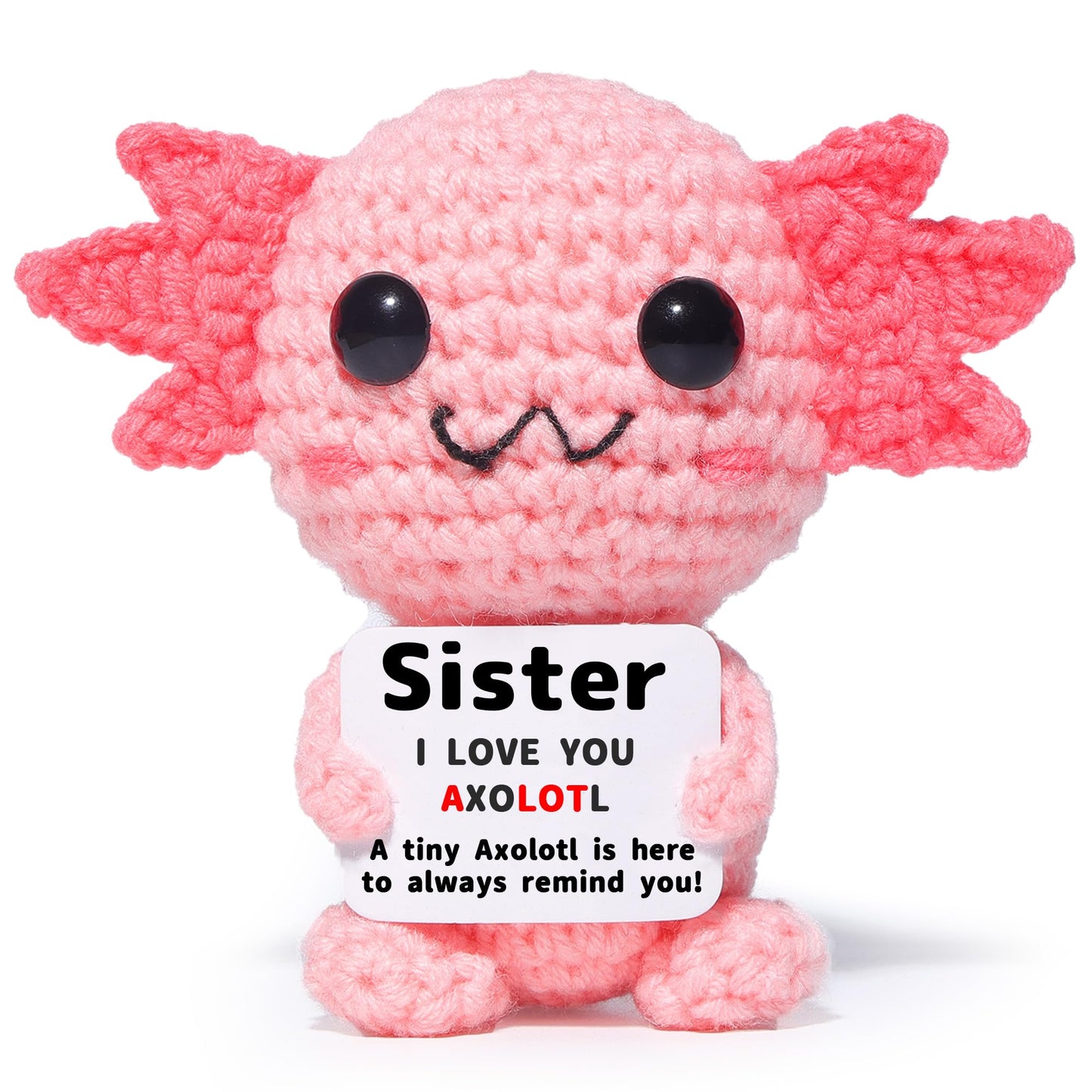OkiyiD Mini Funny Crochet Axolotl Love Gifts for Sister  Small Handmade Axolotl Toy with 'I Love You A LOT' Card  Heartwarming Birthday Xmas Graduation Gifts from Sisters