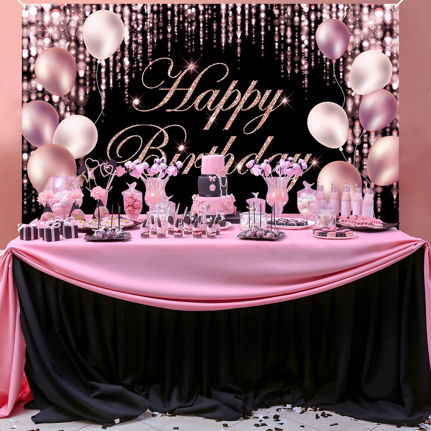 Rose Black Happy Birthday Banner Backdrop Large Yard Sign Background Its My Birthday Backdrop Baby Shower Party Indoor Outdoor