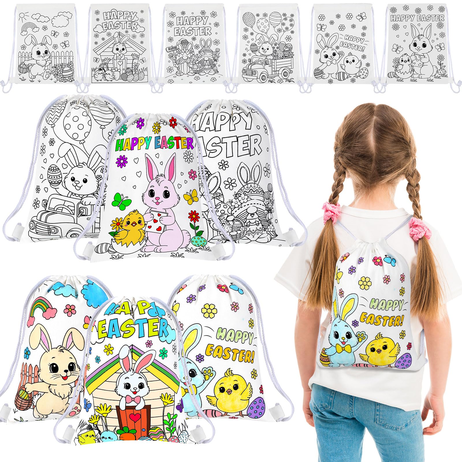 Dansydaisy 12 Pcs Color Your Own Easter Drawstring Bags Canvas Coloring Happy Easter Bag Bunny Rabbit Egg Chick Crafts Bulk Gift