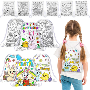 Dansydaisy 12 Pcs Color Your Own Easter Drawstring Bags Canvas Coloring Happy Easter Bag Bunny Rabbit Egg Chick Crafts Bulk Gift