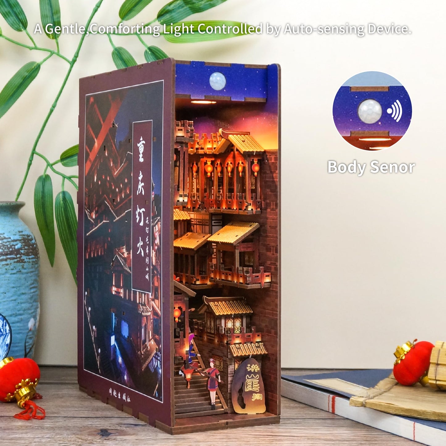 Tonecheer Diy Book Nook Kit For Adults,3D Wooden Puzzle Bookend Bookshelf Insert Library Decor, Booknook Miniature House Kit Wit