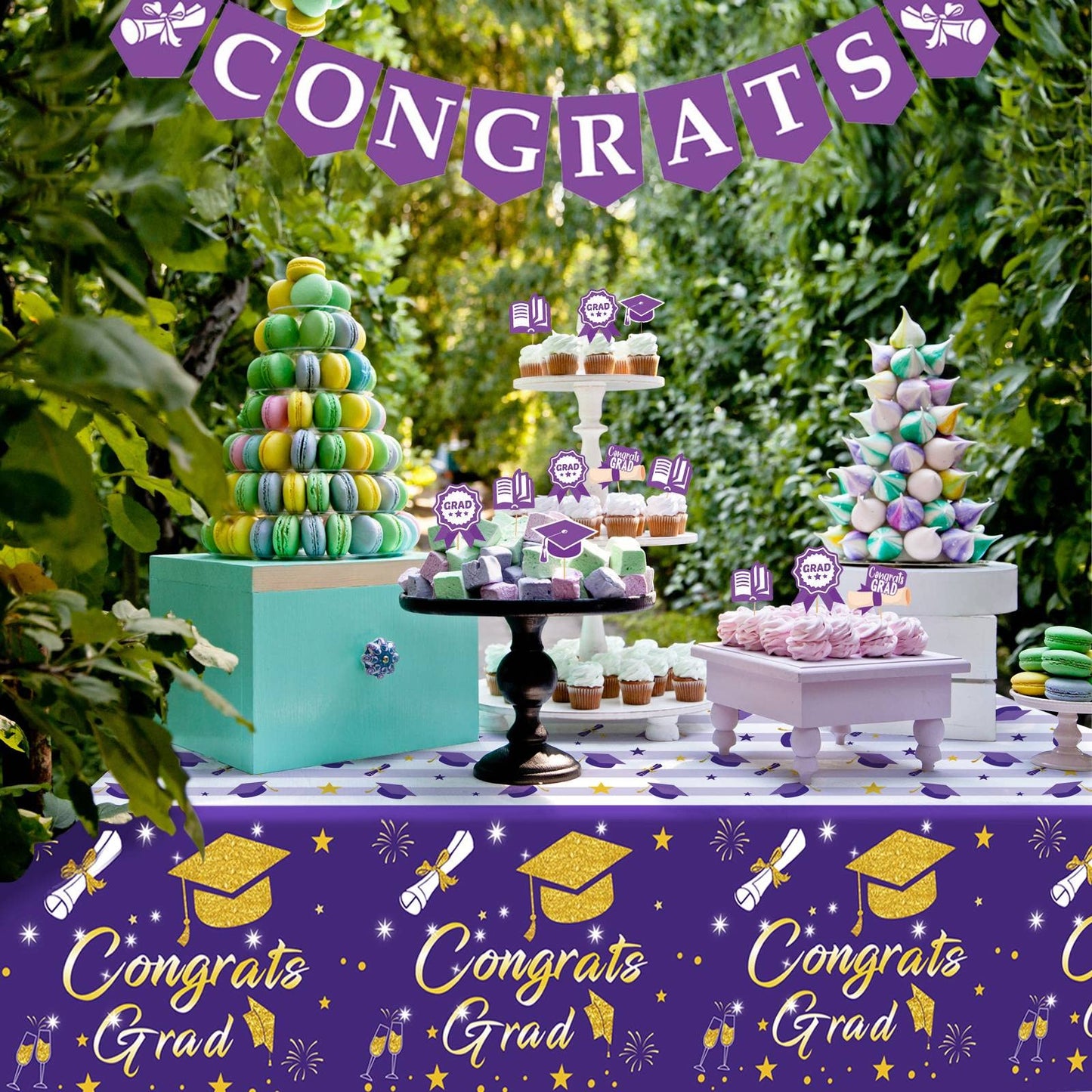 Graduation Tablecloth Party Decorations 2024, 3 Pack Purple Large Size 54''X108'' Congrats Grad Disposable Rectangle Table Cover