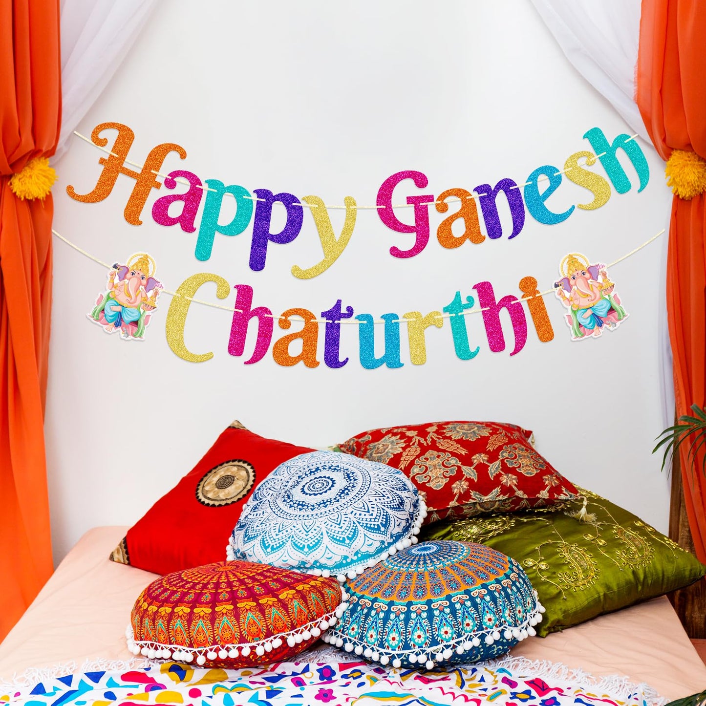Happy Ganesh Chaturthi Banner, Ganesh Chaturthi Party Decorations, Indian Festival Themed Decor, Hindu God Decor, Pre-strung