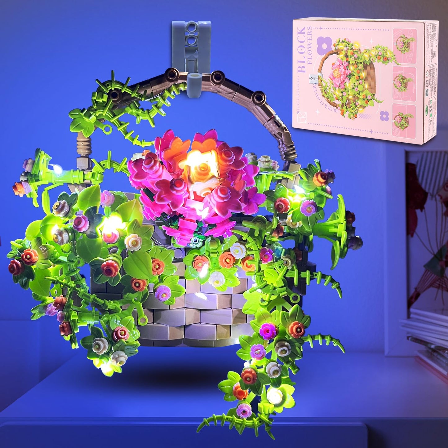 ZQJKLE Flower Basket Building Set with LED String Light  Flower Bouquet Building Blocks Wall Decor for Boys Girls Age 3+  Teen  mature-themed  Gift for Mother's Day  Christmas etc.