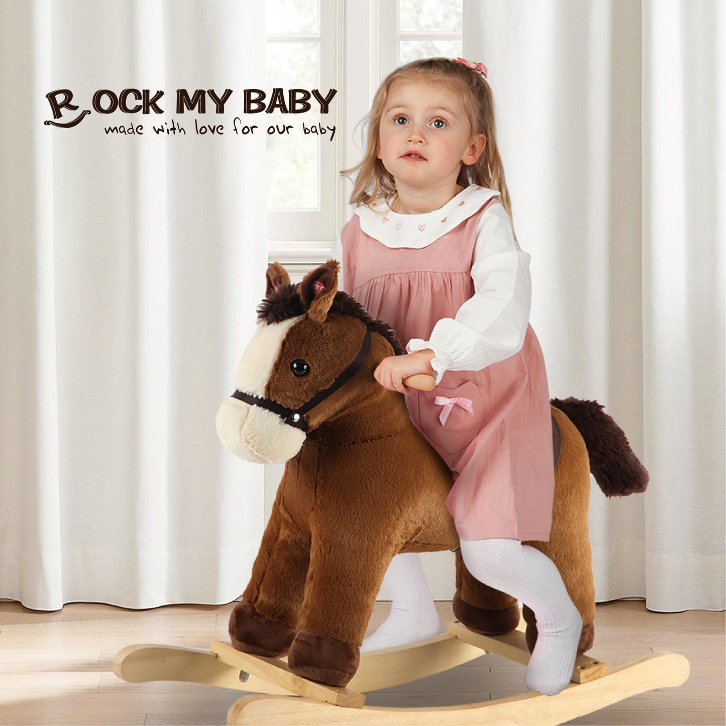 ROCK MY BABY Rocking Horse Toy, Plush Dark Brown, Large Size, Realistic Sound, CPC Certified for Toddlers 18M+