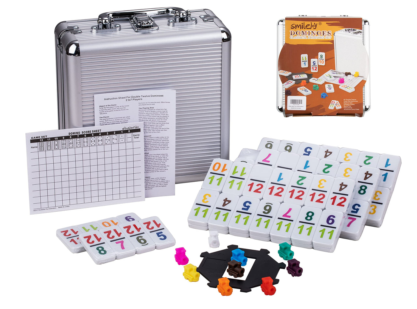 Smilejoy Double 12 Colorful Number Dot Dominoes, Mexican Train Domino Game Double Twelve Domino Set With Aluminum Case, 91 Tiles