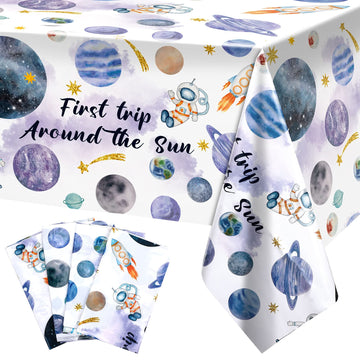 Preboun 4 Pcs First Trip Around The Sun 42.5 x 70.8 Inch Space Party Tablecloth First Trip Around The Sun Birthday Decoration Sp