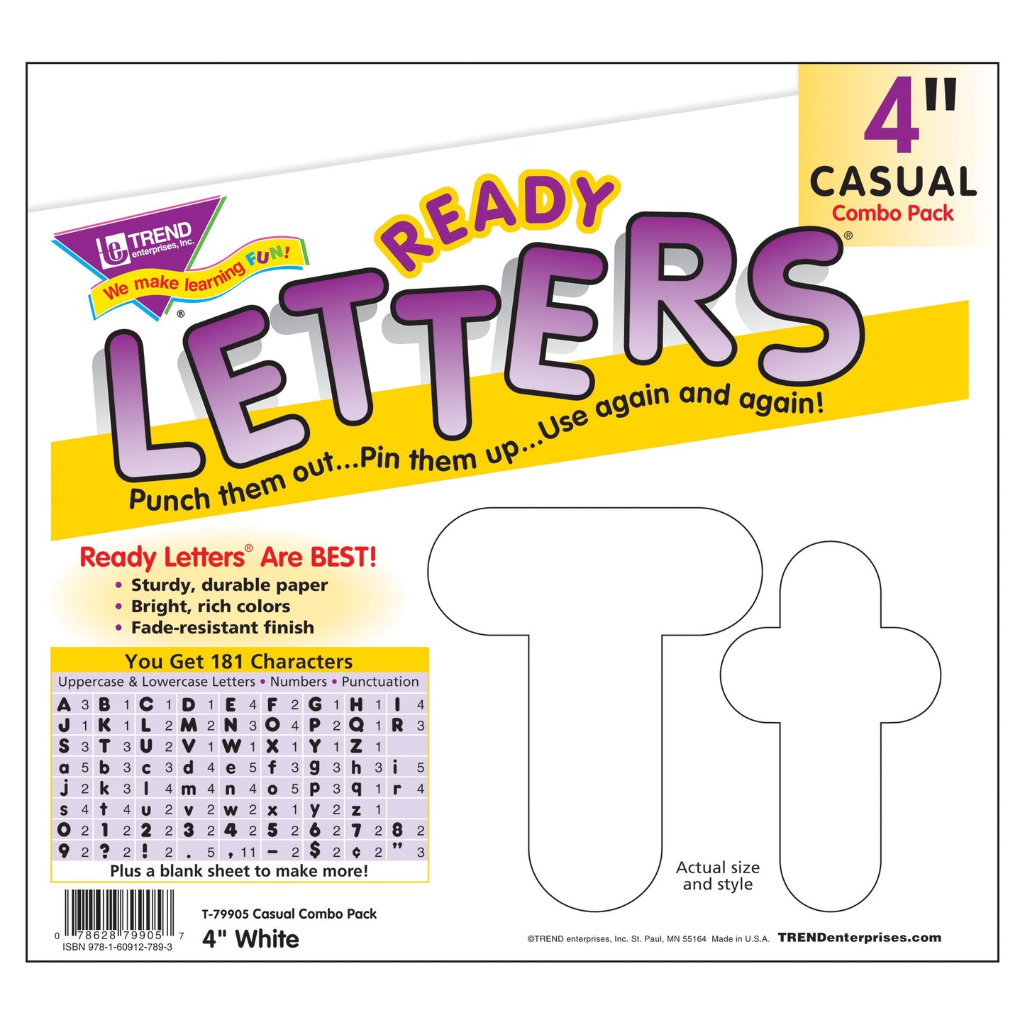 Trend White 4-Inch Casual Uppercase/Lowercase Combo Pack Ready Letters, 182 Per Pack, 3 Packs