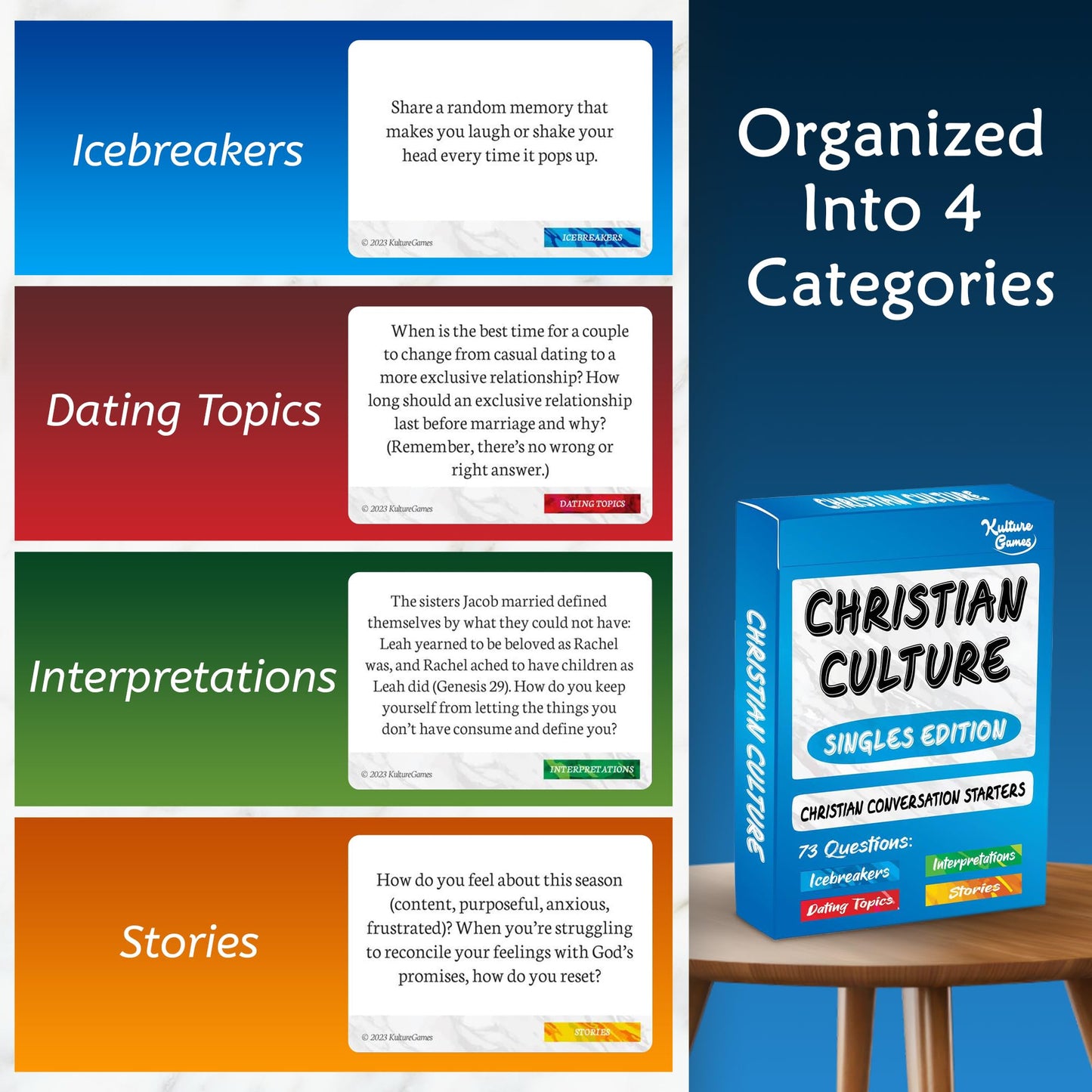 Kulture Games Christian Culture (Singles Edition) - Conversation Starters to Spark Meaningful Discussion Between Christian Singles - Christian Party Game - Thought Provoking Bible Discussion Cards