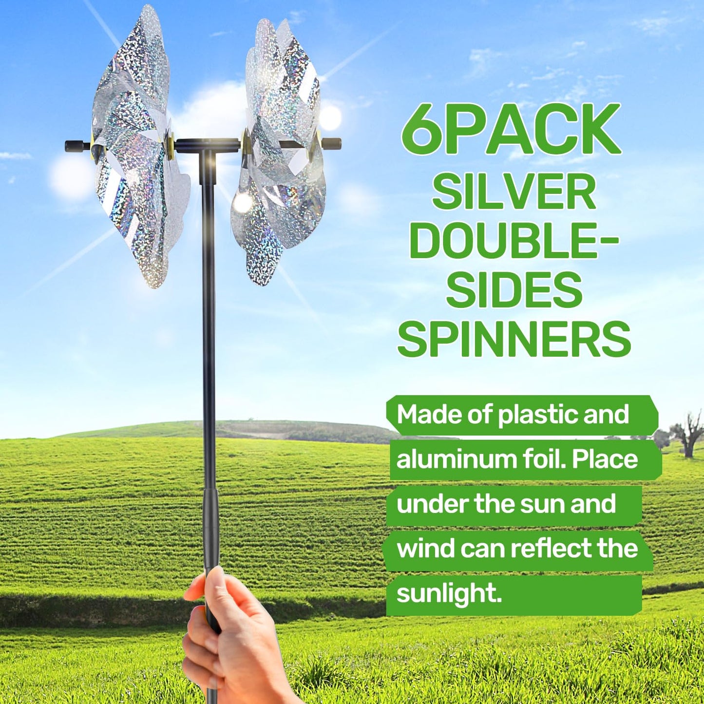 Battife 6 Sets Pinwheels For Yard And Garden, Double Sides Reflective Bird Deterrent Pinwheel, Large Silver Outdoor Sparkly Wind