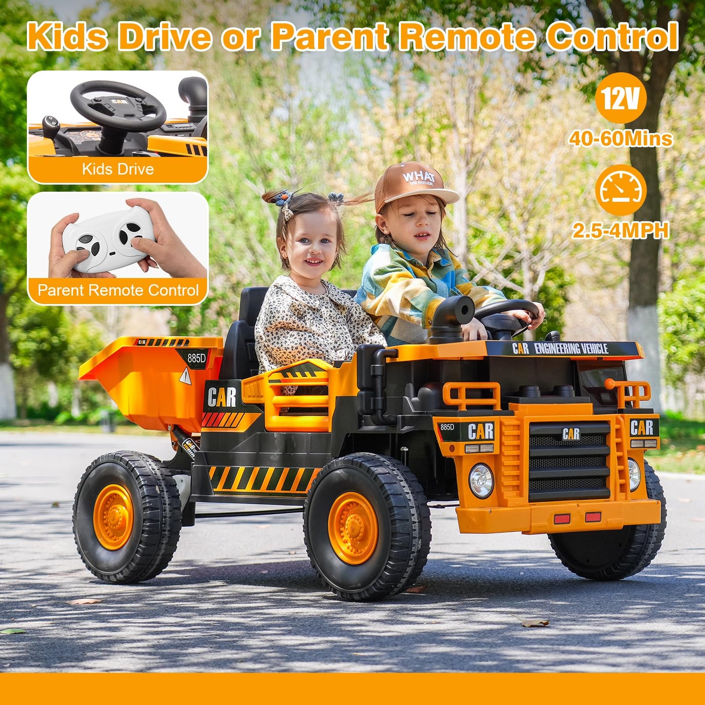 2-Seater Electric Ride On Truck Toy Car Construction Vehicle For Boys, 12V Kids Ride On Dump Truck, Remote Control, Key Start, S