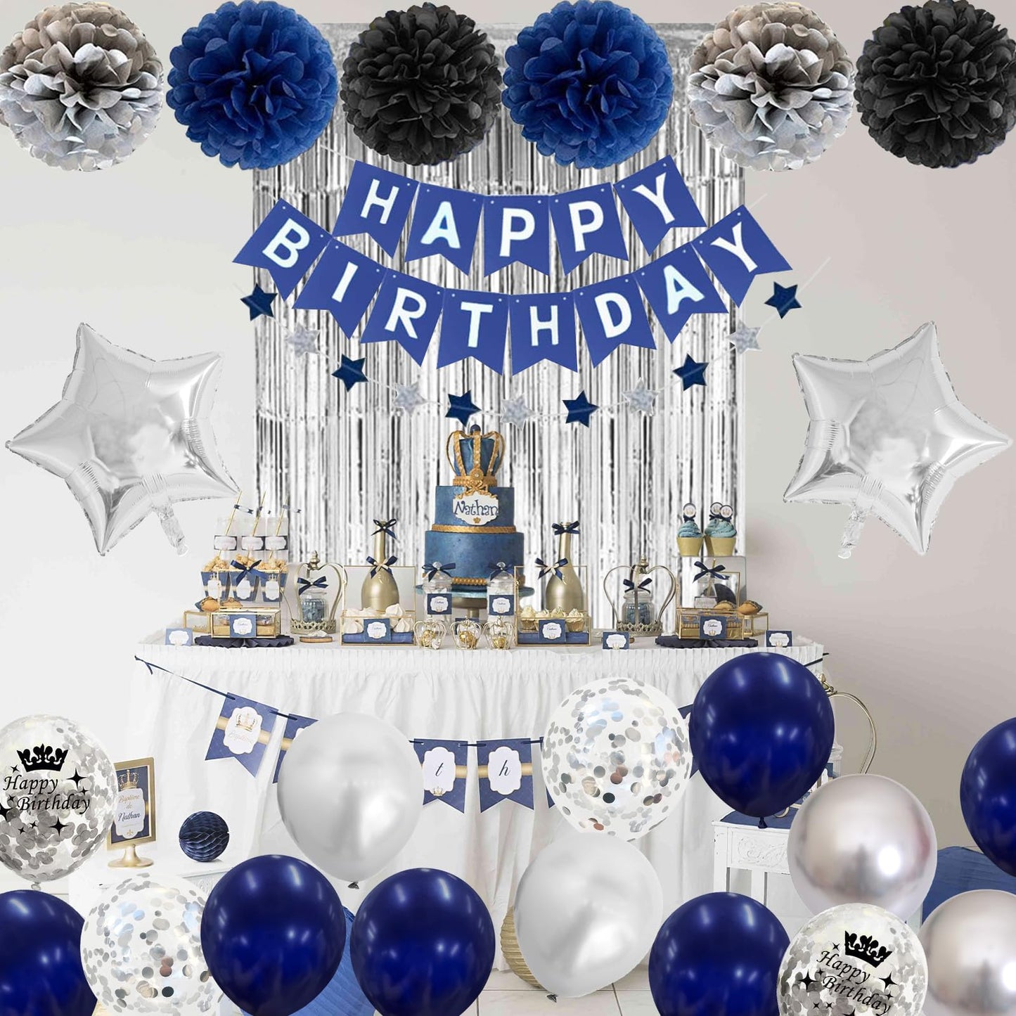 Blue And Silver Birthday Decorations For Men Boys, Navy Blue Silver Party Decoration Royal Bue Silver Birthday Balloons Happy Bi