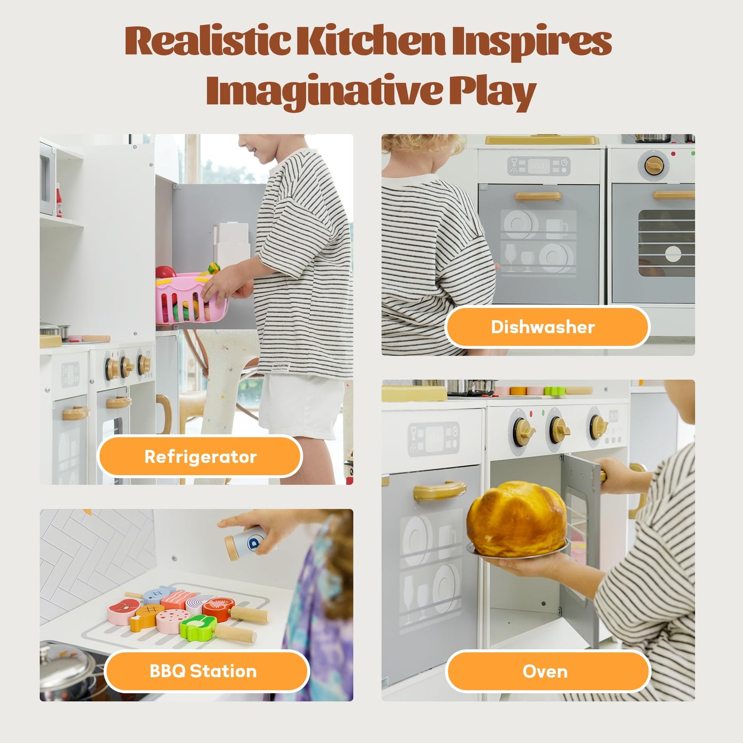 Cozibb Wooden Pretend Play Kitchen Set, Realistic Oven Faucet Microwave Ice Maker Bbq, With Lights & Sounds Features, 21 Accesso