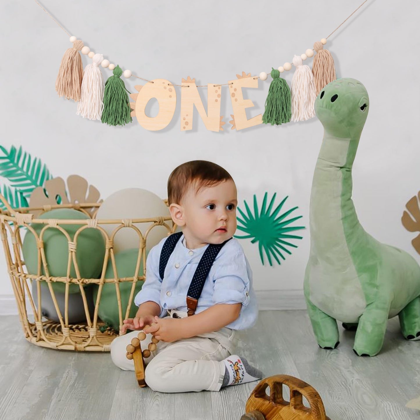 Agkvw Dinosaur 1st Birthday High Chair Banner - Dinosaur First Birthday Decorations Boy, Wooden One Tassel Highchair Banner, Boy