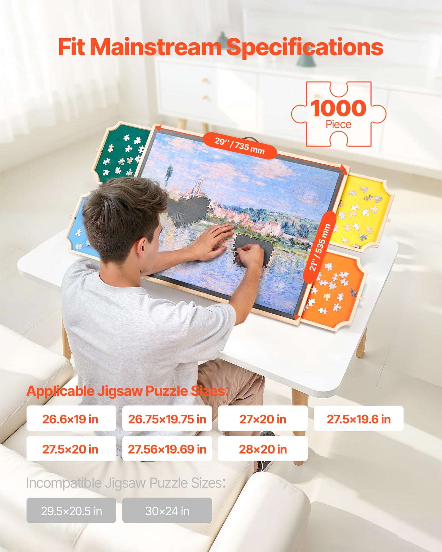 VEVOR 1000 Piece Rotating Puzzle Board with 4 Colorful Felt Drawers and Cover, 29x21 in Portable Wooden Table, Adjustable 2-Tilt