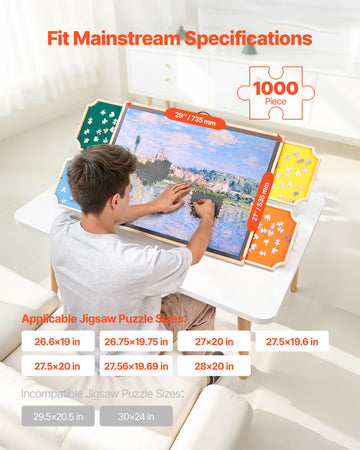 VEVOR 1000 Piece Rotating Puzzle Board with 4 Colorful Felt Drawers and Cover, 29x21 in Portable Wooden Table, Adjustable 2-Tilt