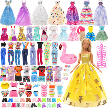 Barwa 41 Pack Doll Clothes And Accessories 15 Sets Doll Clothes 3 Wedding Long Dresses 3 Fashion Dresses 4 Tops Pants 2 Bikini Swimsuits 1 Pool Floaties 15 Shoes 10 Hangers For 11.5 Inch Doll