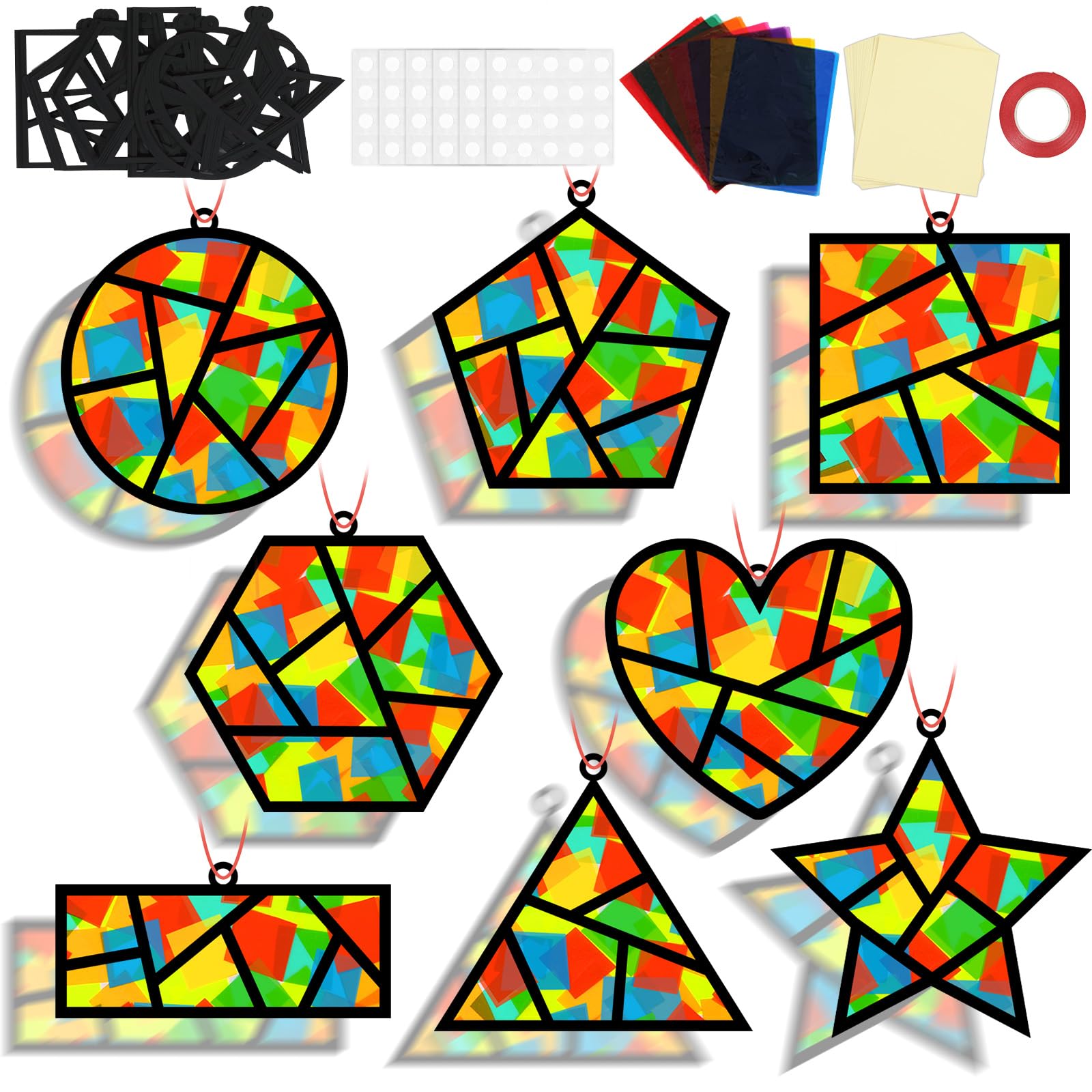 QOUBAI 32 Sets Back to School Geometric Recognition Suncatchers Craft DIY Window Stained Glass Effect Star Paper Crafts Home Sch