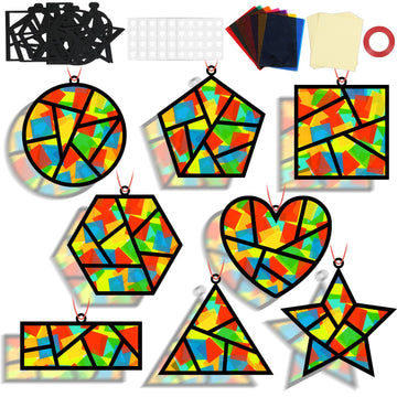 QOUBAI 32 Sets Back to School Geometric Recognition Suncatchers Craft DIY Window Stained Glass Effect Star Paper Crafts Home Sch