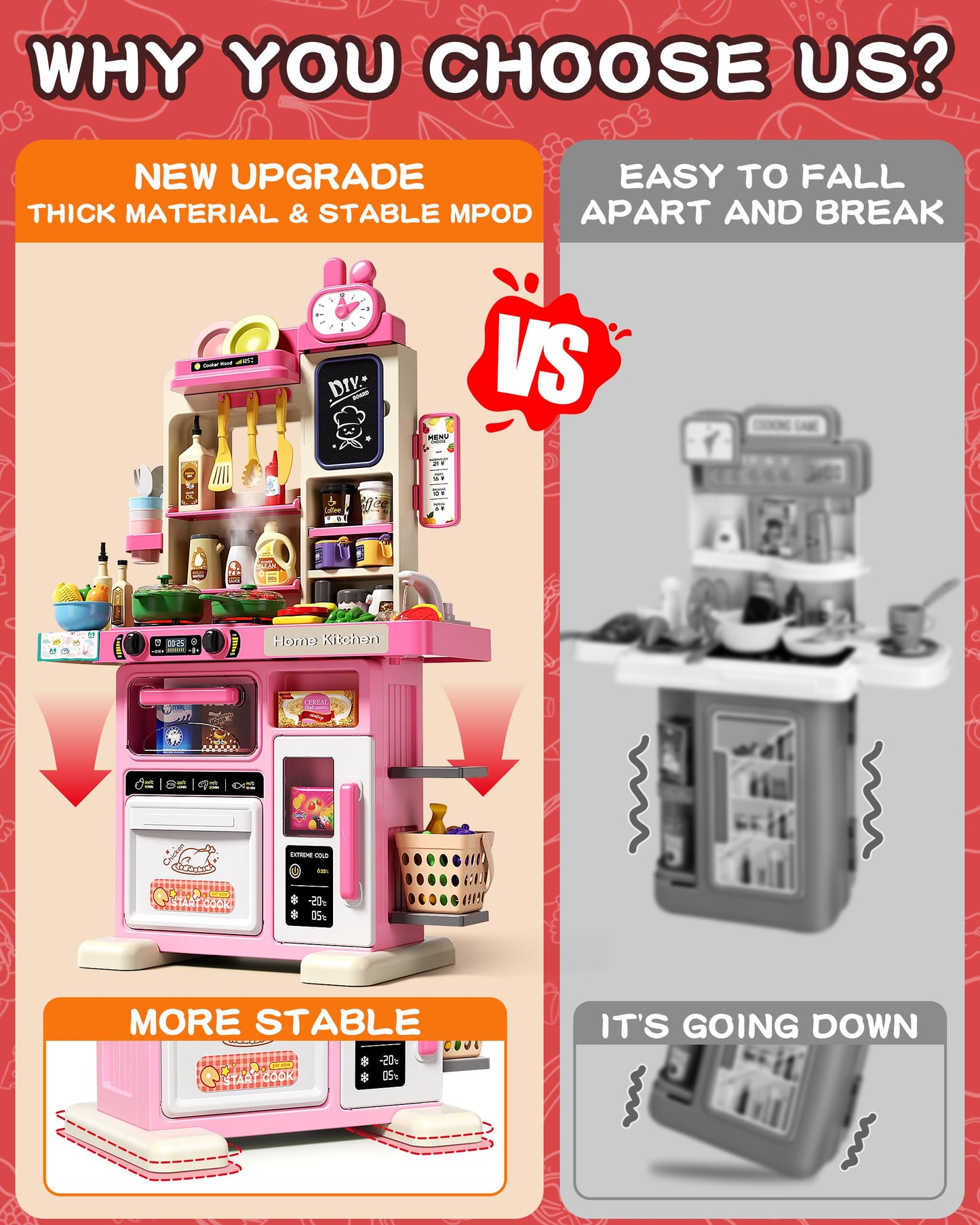 33.8IN Kids Kitchen Playset, 70PCS Kid Play Kitchen with Realistic Lights & Sounds, Spray Sink Toy Kitchen Accessories, Pretend