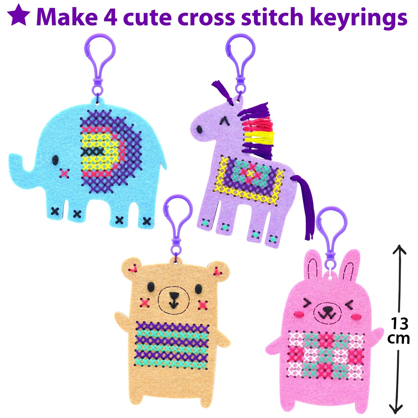 KRAFUN Cross Stitch Kits for Kids Beginners, 4 Cross Stitching Keyrings Arts & Crafts with Animals, Unicorn, Needlepoint Embroid