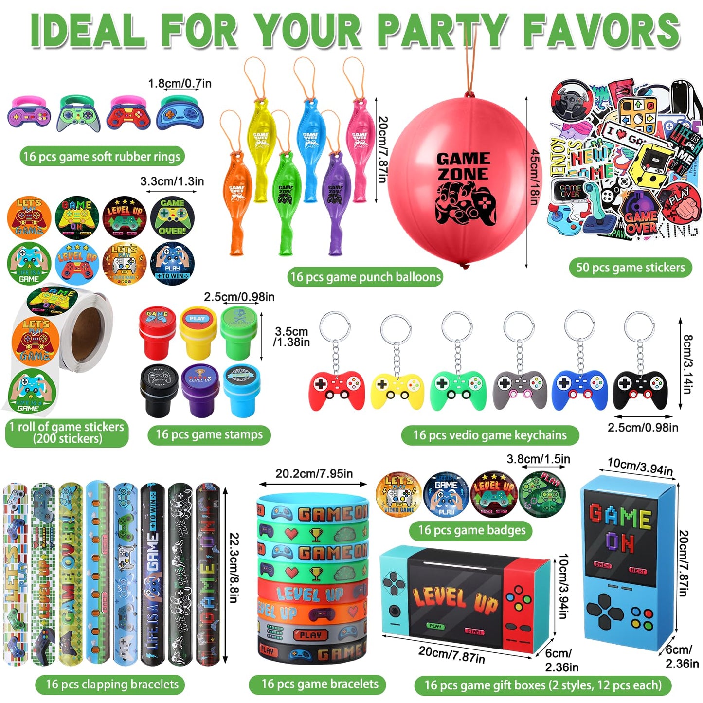 HyDren 179 Pcs Video Game Party Favors Includes Video Game Goodie Treat Boxes Punch Balloons Silicone Bracelets Keychains Badges