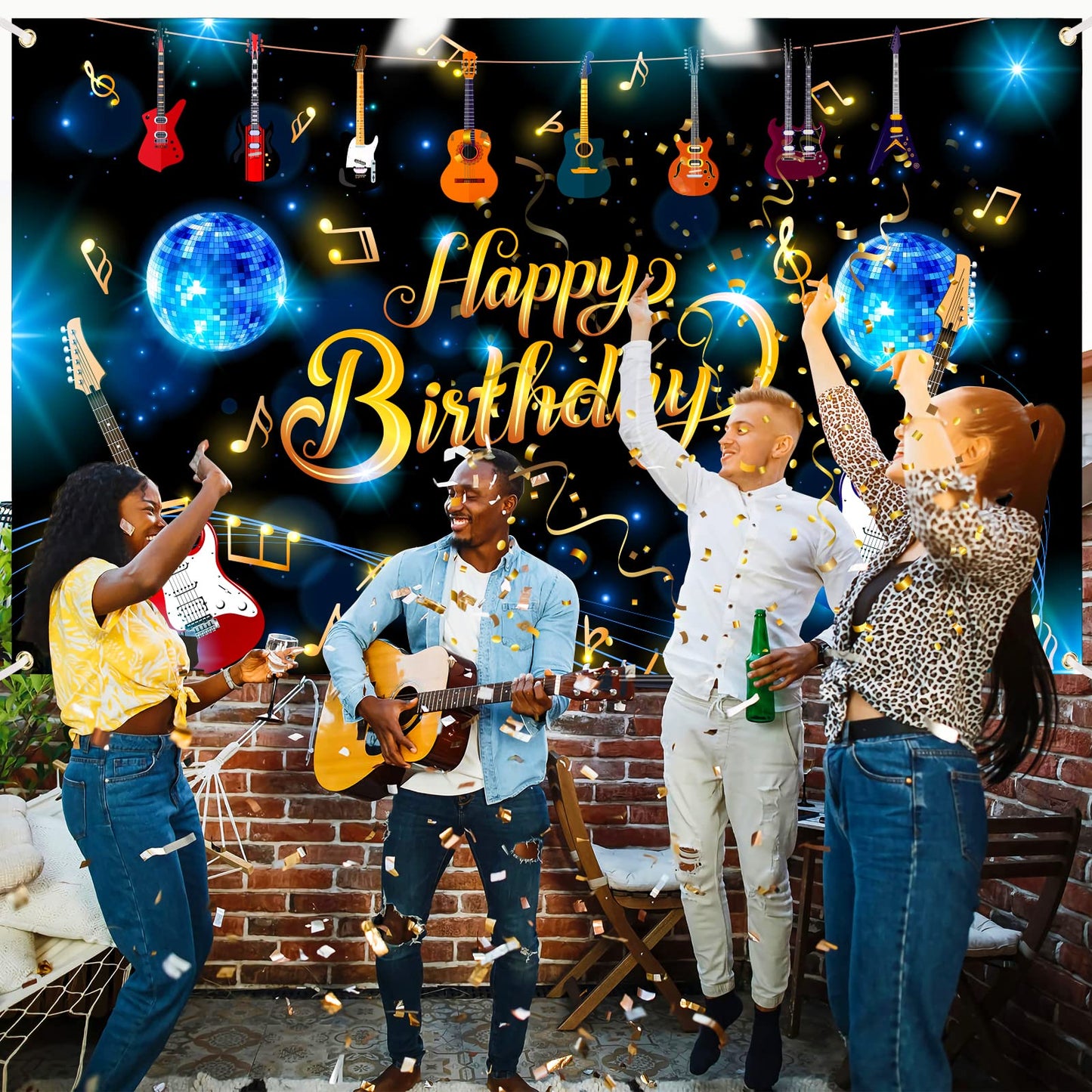 ZELARO Music Note Guitar Birthday Banner, 180 x 110 cm, Multicolor Polyester Rock and Roll Party Decoration
