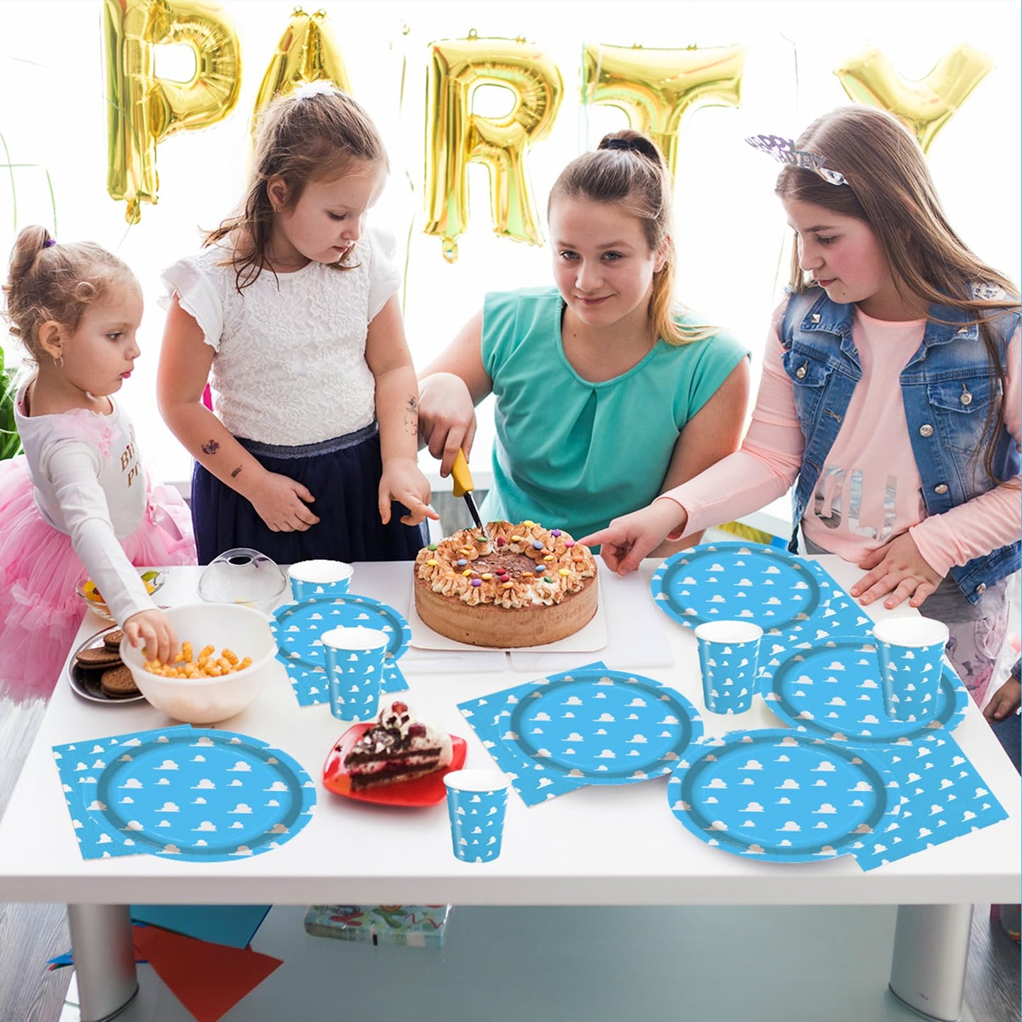 AURORAPARTY 120 Pcs Blue Sky Paper Plates Birthday Party Tableware Set White Cloud Napkins Forks Cartoon Story Party Decorations