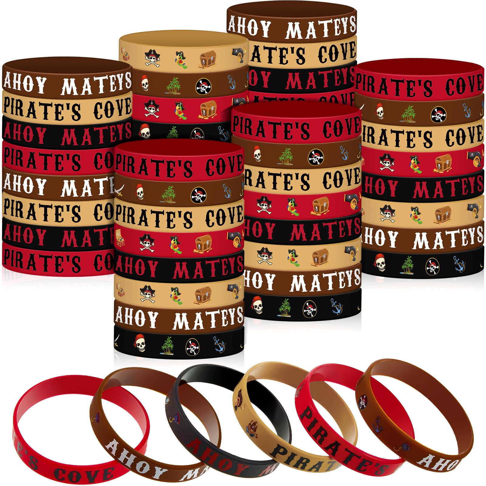 Leitee 48 Pcs Pirate Rubber Bracelets Pirate Party Wristbands Pirate Theme Party Silicone Wristbands Pirate Party Supplies Favor