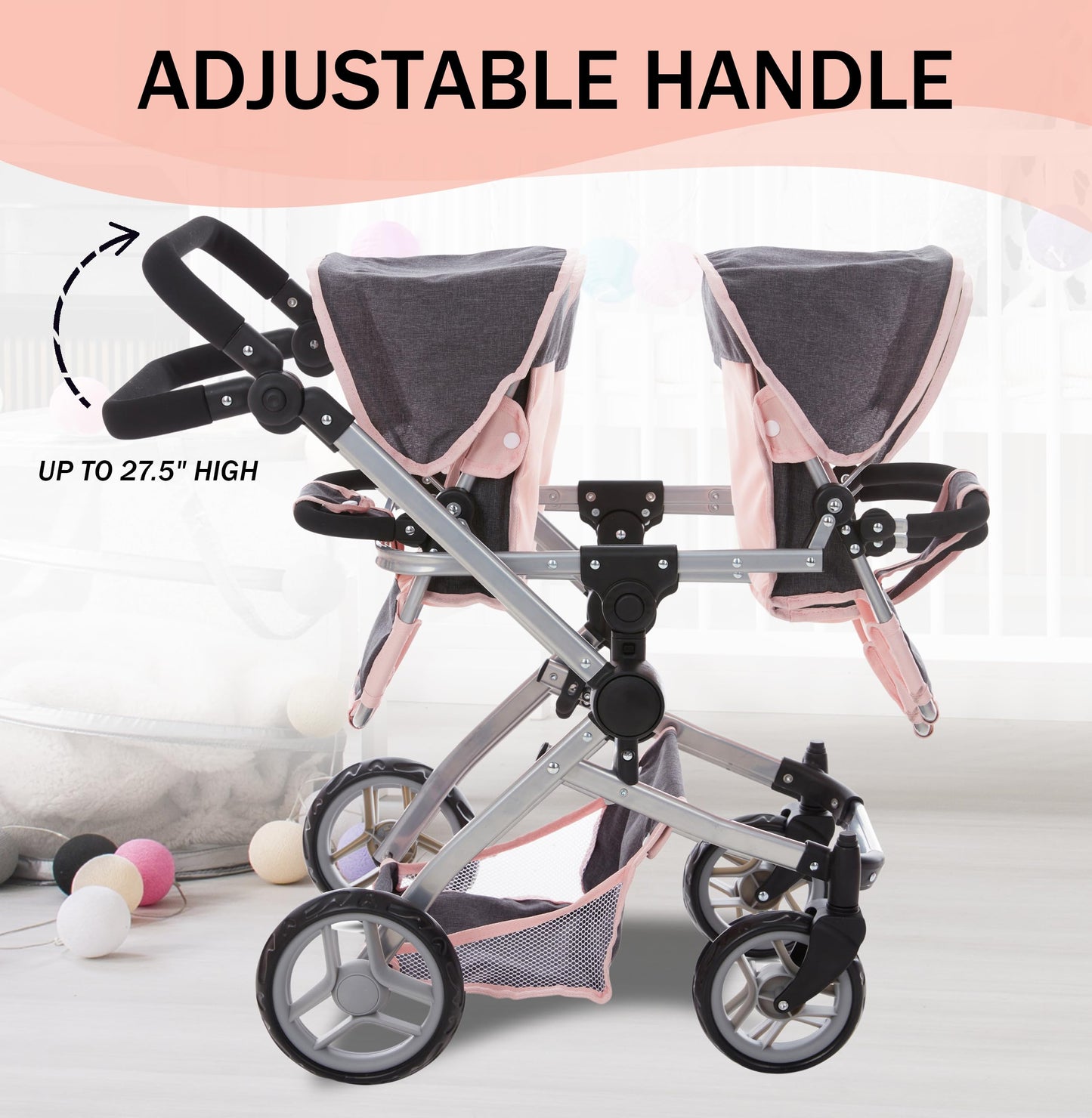 Dolls To Play Baby Doll Double Stroller, Twin Pink Pram Buggy Pretend Play For Girls, High Adjustable Handle Rotating Wheels Sto