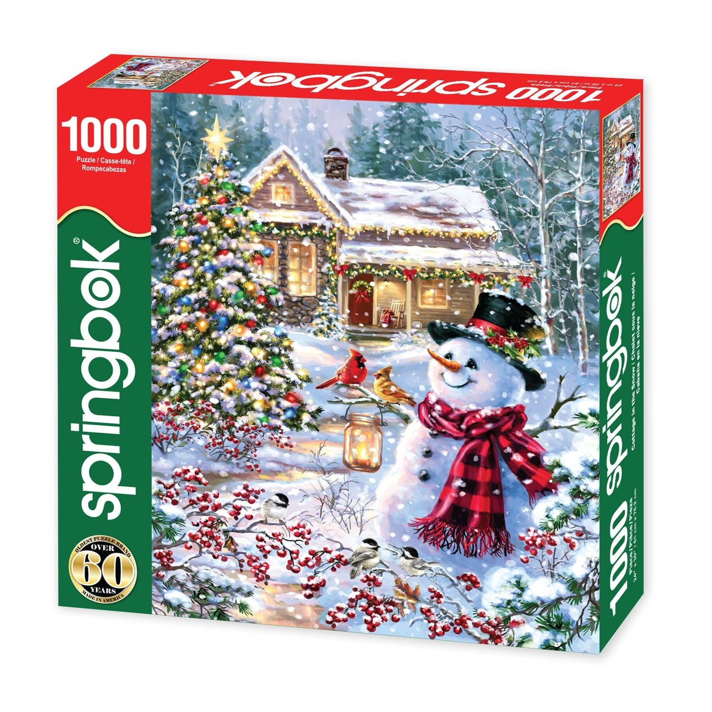 Springbok 1000 Piece Jigsaw Puzzle - Cottage in The Snow - Holiday Scene with Snowman & Cardinals - Multicolored - Model 34-11162