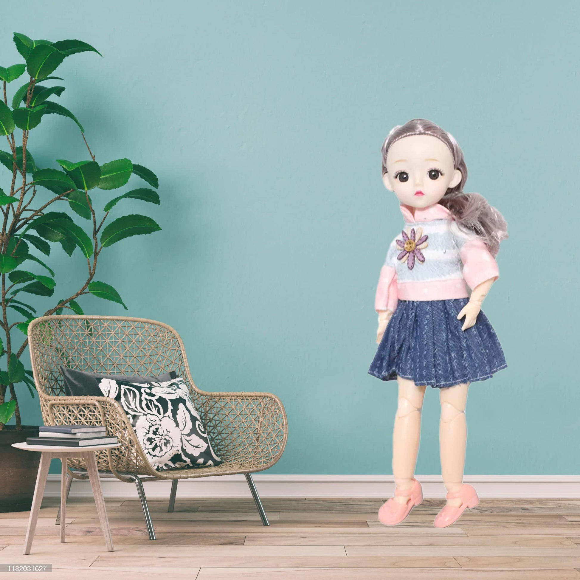 Tickles Set Movable Jointed Cute Girl Brown Eyes Fashionable Doll With Pink Top And Blue Skirt For Kids Girls Birthday Gifts (Si