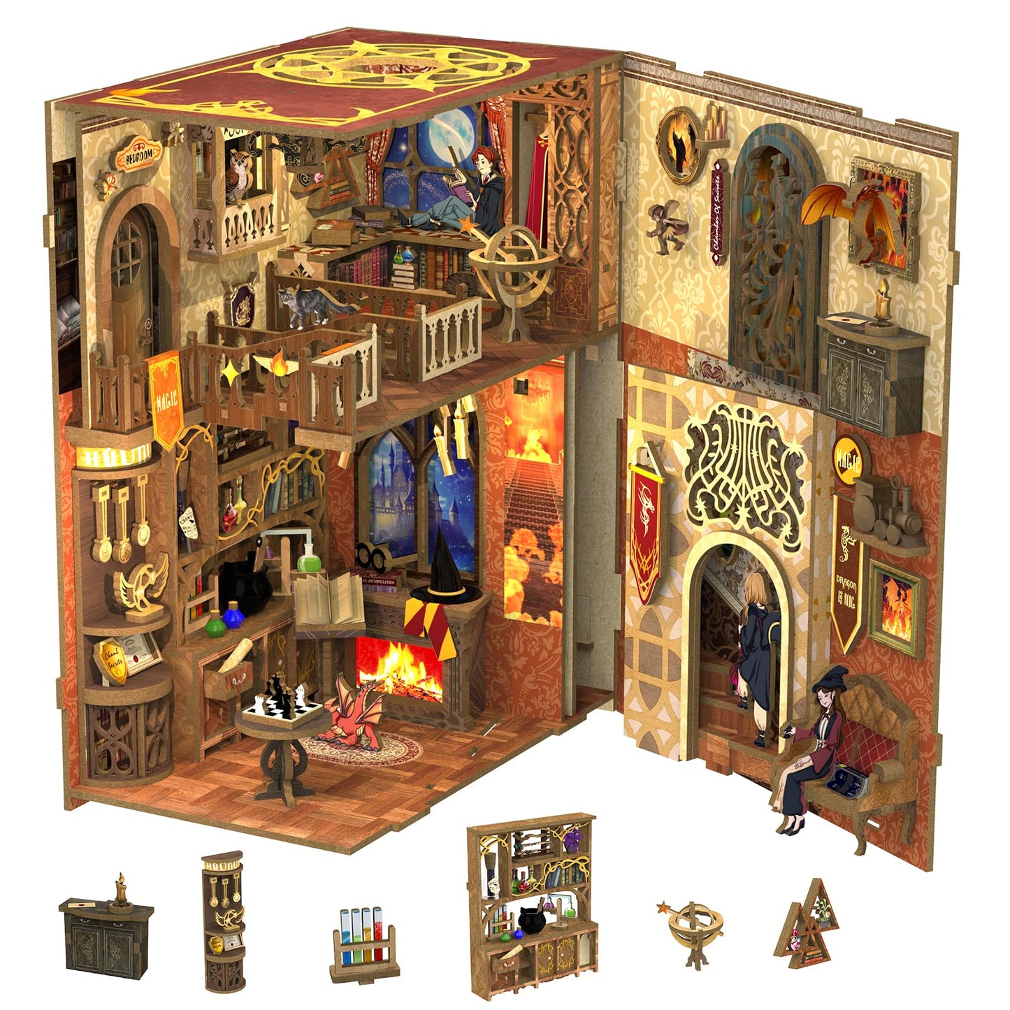 Cutebee Diy Book Nook Kit With Dust Cover, Diy Wooden Miniature House Kit Bookshelf Insert Booknook Bookend Stand Bookcase Model