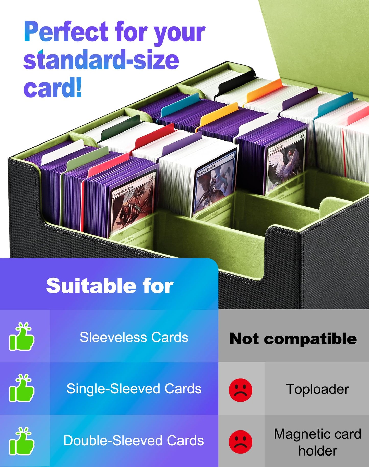 Uaono Card Storage Box For Trading Cards, 2400+ Mtg Commander Deck Box With 24Pcs Colorful Divider, Card Case Fits For Magic Tcg Ptcg Game Cards(Black&Lemon Green)