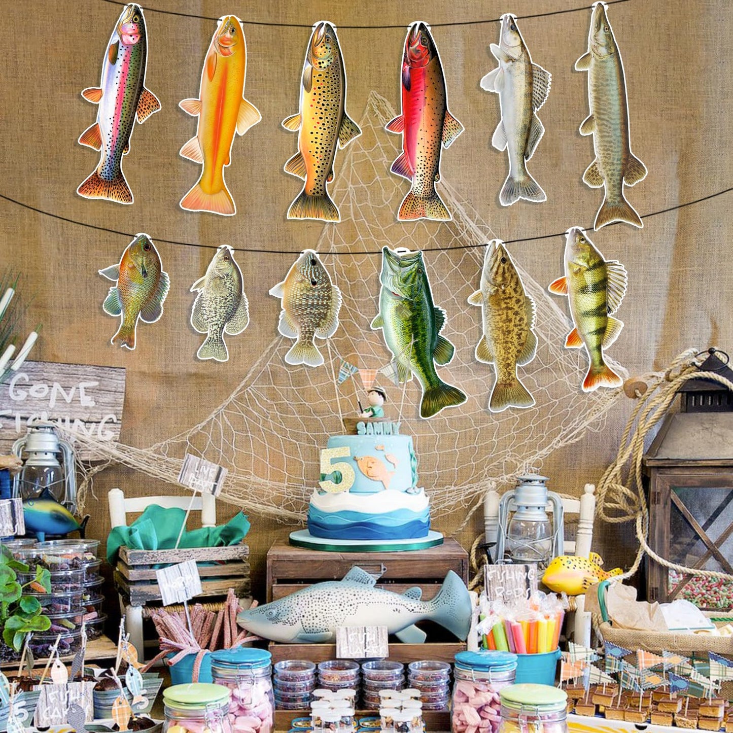 Ushinemi Fishing Birthday Decorations, Gone Fishing Party Supplies Sunfish Trout Bass Fishing Banner For Adults And Kids