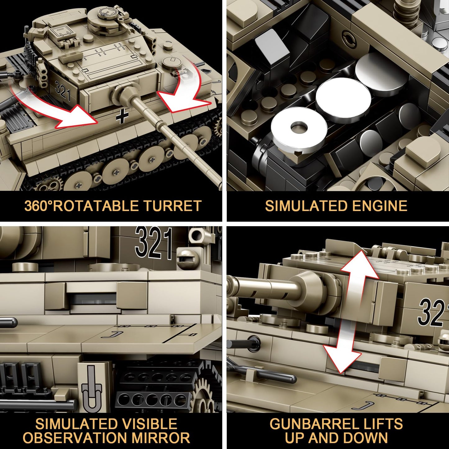Reobrix Tiger I Tank Building Block Set, WW2 German Model 77031, 1138 PCS Plastic Army Toy for Ages 14+
