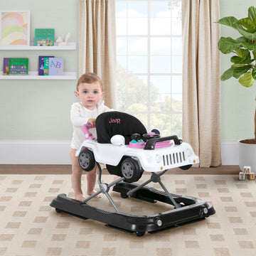 Delta Children Jeep Classic Wrangler 3-in-1 Activity Walker, Music & Lights, Push Walker & Rolling Car Toy, White/Pink