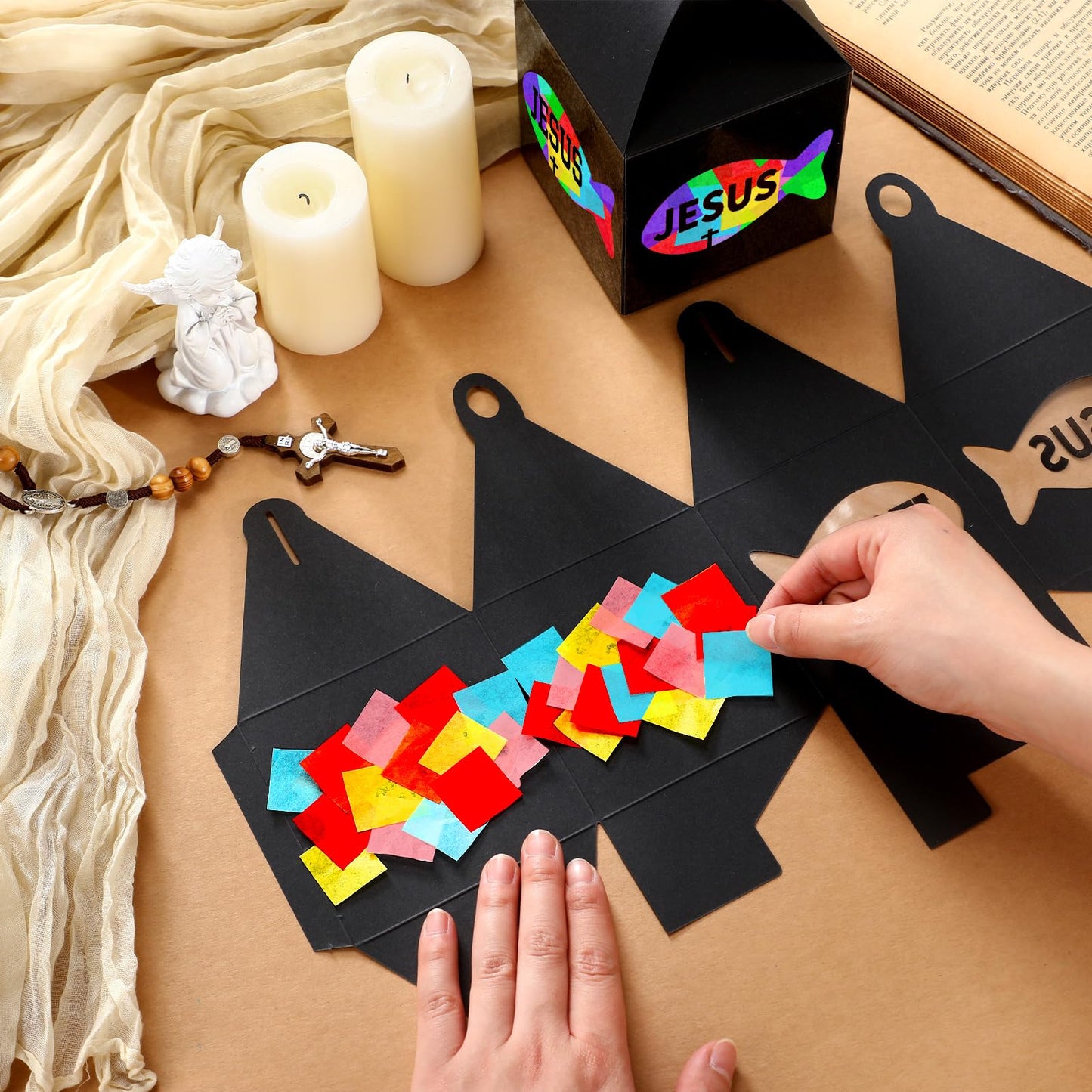 VIHOSE 16 Sets Christian Fish Craft Christian Lantern Craft DIY Faith Jesus Fish Tissue Paper Suncatcher Kits Religious Hanging