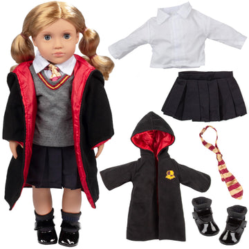 9Pc Hermione Granger Inspired Outfit- 18' Doll Clothes & Accessories Compatible W American Girl Dolls- School Uniform Set Includes Shirt, Skirt, Sweater, Tie, Socks, Robe, & Shoes- Gift Set For Girls