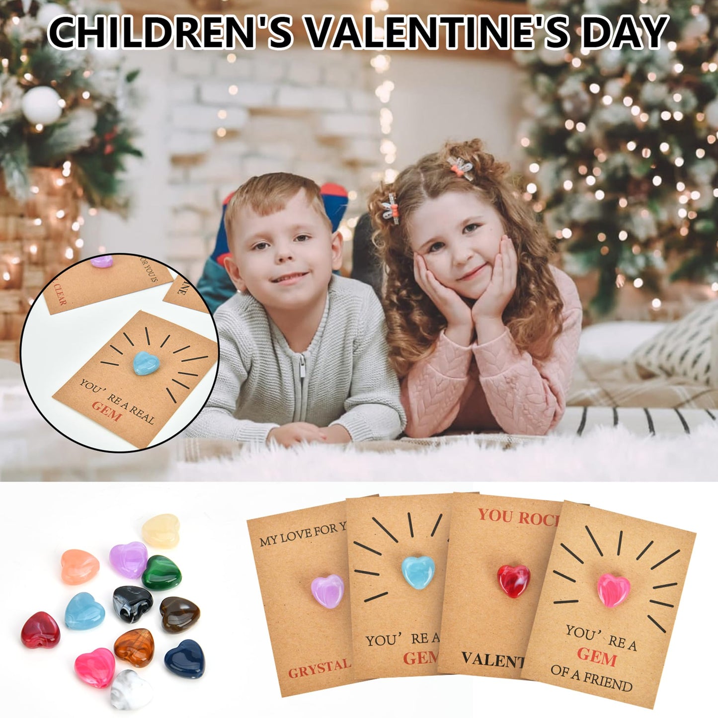 Valentines Day Gifts for Kids, 36 Pack Valentines Cards with Heart-Shape Crystal Stones kawaii, Preppy Valentine Exchange Card F