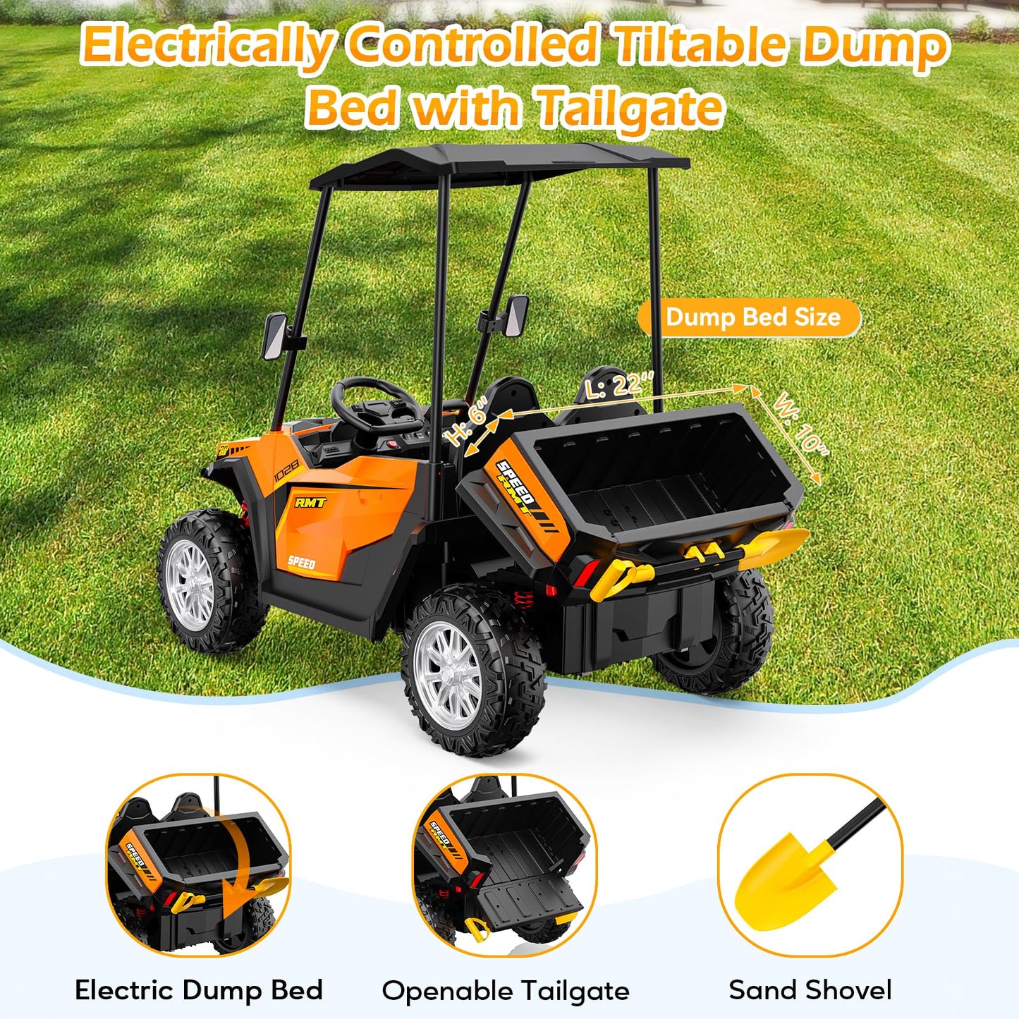 2 Seater Ride on Dump Truck, 24V Ride on Big Toy with Dump Bed for Kids, 800W Electric Vehicle with Music Player, Shovel, LED Li